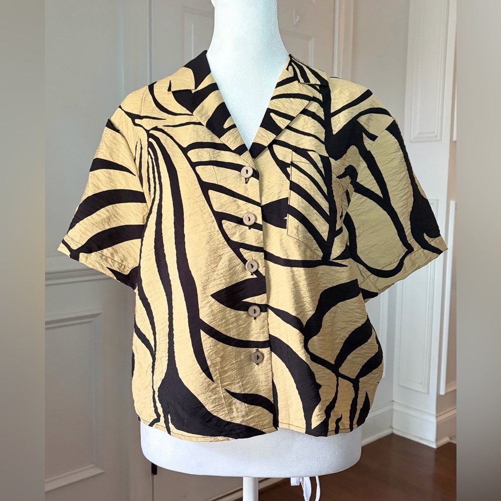 Rachel Zoe Gold & Black Print Short Sleeve Blouse Size XS